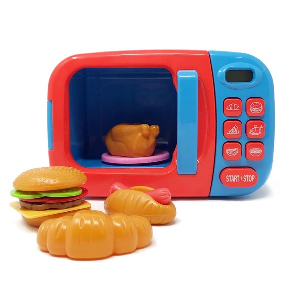Boley Blue Microwave Playset - 11 Pc Light & Sound Pretend Play Kitchen Toys Set with Play Food for Kids Ages 3+