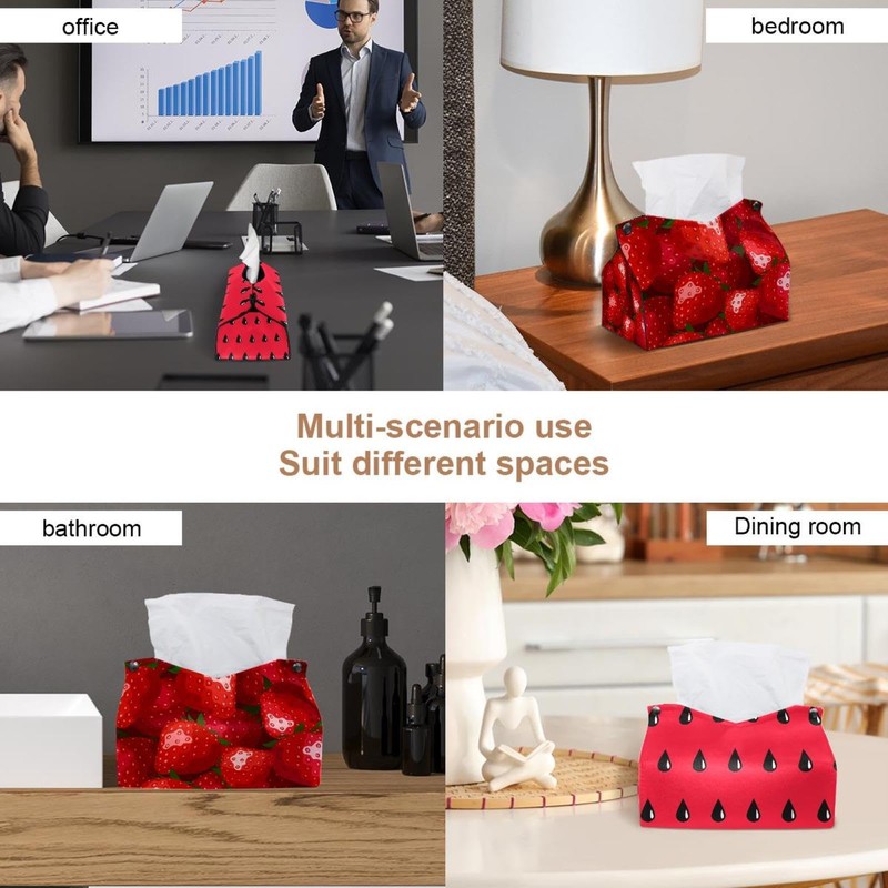 2 Pack Tissue Box Cover Holder, Red Strawberries Print Rectangle