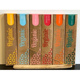 Organic Goodness Incense Sticks Gift Pack with Wooden Incense Holder - Set of 6 Fragrances: White Sage, Nag Champa, Sandalwood, Dragon's Blood, Patchouli, and Frankincense - 15g Each