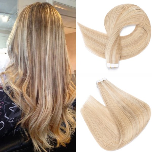 Rich Choices Tape in Hair Extensions Human Hair 20pcs 30g Balayage Golden Brown Highlighted Bleach Blonde 100% Remy Hair Extensions Real Human Hair Seamless Straight Tape in Hair of 22 inch #12P613