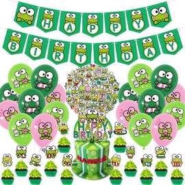 Keroppi Frog Party Supplies - 83pcs with Happy Birthday Banner, Cupcake Toppers, Balloons and Stickers for Big-Eyed Frog Theme Kids Party