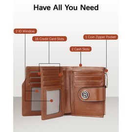 BOSTANTEN Women Leather Wallet Small RFID Blocking Bifold Zipper Pocket Wallet Card Case with ID Window Black＆Beige