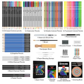 KALOUR PDAS 112 Drawing Set Sketching Kit, Pro Art Supplies with 3-Color Sketchbook & Coloring Book, Neon, Colored, Watercolor, Metallic, Graphite, Charcoal Pencils, Gift for Artists Adults Teens