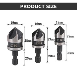 3 Pieces 1/4 Inch Hex Shank 5 Flute 90 Degree Chamfering Countersink Drill Bit Set,12mm/16mm/19mm Countersink Drill Bit 5 Flute 90 Degree Woodworking Countersink Bits