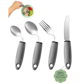 CuraVita Adaptive Utensils Set (4-Piece) – 42° Angled, 3 oz Weighted Silverware for Parkinson's, Hand Tremors and Arthritis – Easy-Grip Ergonomic Eating Aids (Right-Handed)