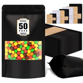 Jetmore Smell Proof Resealable Bags, 50 Pcs Brown Paper Bag with Window, Reusable Sealable Bags for Packaging Snack, Cookies, Herbs, Tea, Coffee, Spice, Jerky, Stand Up Pouches, Goodie Baggies
