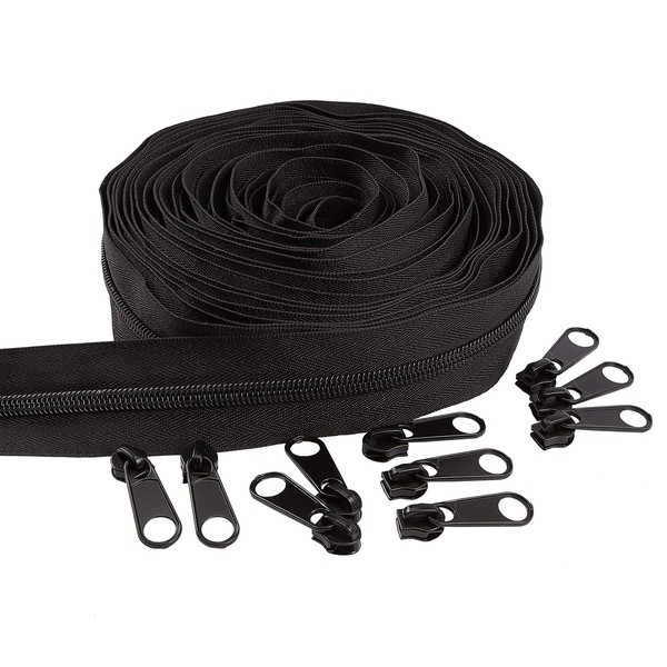 BENECREAT #8 Total Length 9m Nylon Fastener Fastener Tape Width 1.5 inches (39 mm) 30 Pulls Slider Replacement Zipper Repair Clothing Bag Zipper Replacement Repair Kit Sewing (Black)