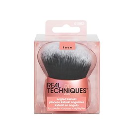 Real Techniques Cepillo Kabuki en ángulo, licuadora de maquillaje sin manos, mango de aluminio, bronceador corporal o aplicador de base, naranja, 1 un
