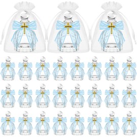 Holy Water Bottles Catholic Bulk Baptism Favors for Guests Christian Water Container with Cross Organza Bags Lace Bow Rope for Holy Communion Gifts Church Wedding Baptism Favors(Blue,24 Set)