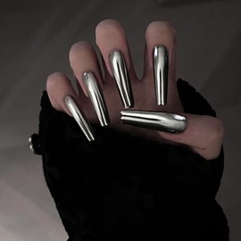 IMRAIN Press on Nails Long Coffin Nails Metal Mirror Fake Nails Glossy Acrylic Artificial False Nails Full Cover Gel Glue on Nails Silver Ballerina Nails Stick on Nails for Women 24Pcs