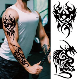 Briyhose Tribal Temporary Tattoo For Men Adult, Black Large Totem Tribal Fake Tattoo Men, Long Lasting Waterproof Big Temp Tatoo Sticker Boy Teen Chest Half Arm Body Art Makeup, 8-Sheet