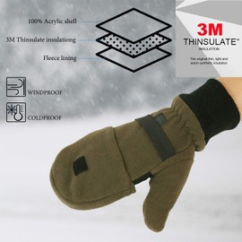 Zeltauto Men’s Thinsulate Gloves Convertible Fingerless Mitten Flap Cover Multipurpose Large(Army Green)
