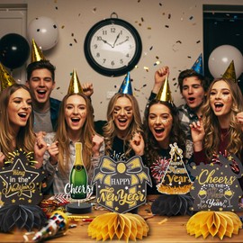 TiAaihion 9pcs Happy New Year Table Decorations, New Year's Eve Party Supplies, 2025 Honeycomb Centerpieces, Gold and Black Party Decor for Home Office School
