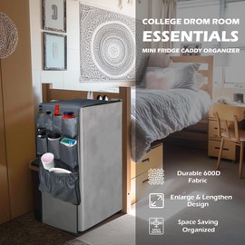 Pikpops Over The Mini Fridge Storage Double Side Caddy Organizer for College Dorm & Office Essentials, 17 Extra Large Fabric Pockets & Flatware Storage Organization Home Supplies (Gray)