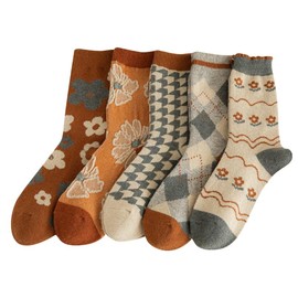 FORJMMP 5/10 Pairs Wool Socks for Women Thick Knit Vintage Cute Floral Crew Socks (5 Pairs-Orange Flowers)