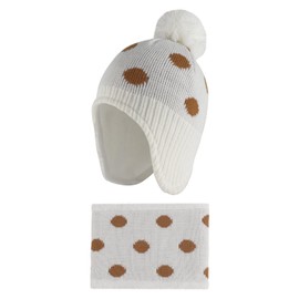 LACOFIA Baby Boys Girls Winter Hat and Loop Scarf Set Toddler Winter Warm Earflap Beanie Hat Kids Fleece Lining Knitted Hats and Tube Scarf Set, White