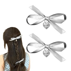 Silver Bow Leather Hair Clips Heart Silver Hair Accessories for Women Girls Leather Bow Hair Pins for Thick Hair Shinny Heart Side Hair Clips Silver Y2k Bow Hair Barrettes Leather Hair Bows 2pcs Clip