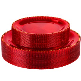 Rubtlamp 60Pcs Red Gold Plastic Plates, Red Disposable Plates With Gold Beaded, Clear Heavy-duty Party Plates, Fancy Plastic Plates Include 30 Dessert Platos, 30 Dinner Platos for Party, Christmas