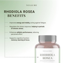 Nullure Nullure Rhodiola Rosea | 3% Rosavine and 1% Salidroside – 200mg | Stress & Anxiety Relief · Mood · Energy · Tiredness | Vegan + No Additives | Rhodiola Rosea | 120 Capsules (4 Months)