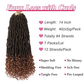 Leeven 14 Inch New Faux Locs Crochet Hair With Curly Ends 84 Strands Ombre Brown Bohemian Goddess Locs Crochet Hair 7 Packs Synthetic Wavy Soft Locs Crochet Hair for Black women T30#