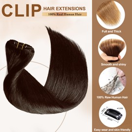 16A Clip in Hair Extensions Real Human Hair, 18 inch 120g 7pcs Triple Lifespan（Service life1.5~2 years）Remy Seamless Invisible Double Weft Human Hair, #2 Dark Brown Multiple Washes Keep Texture Soft