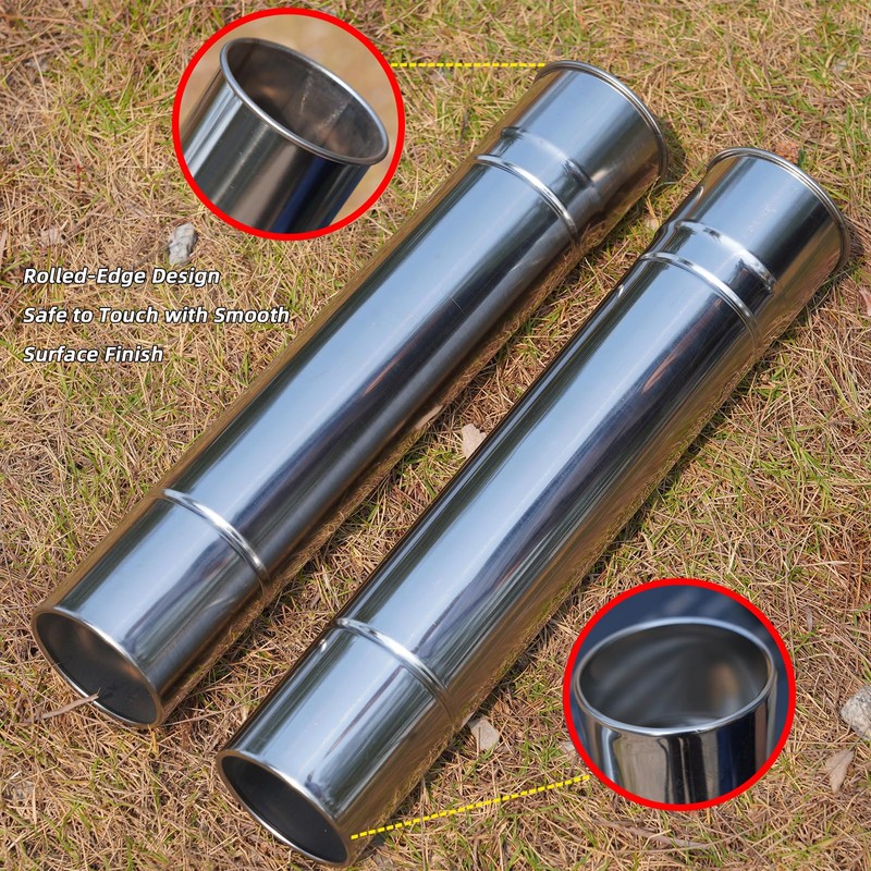 2-Pcs Heavy-Duty Stainless Steel Stove Pipes, 2.75-Inch Diameter, Reinforced Rolled-Edge,