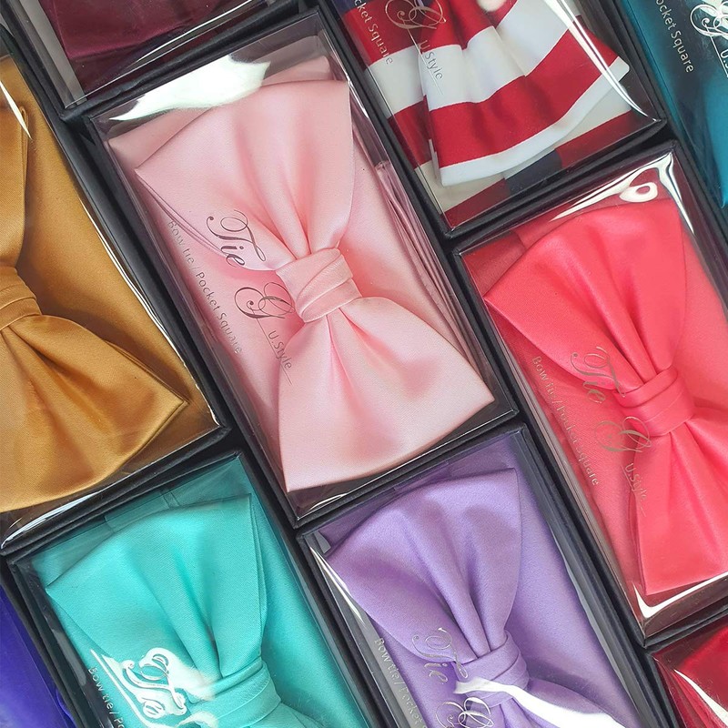 TIE G Solid Color Pre-tied Bow Tie and Pocket Square