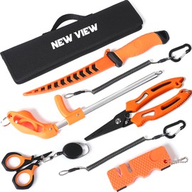 NEW VIEW 9pc Saltwater Fishing Tools Combo - Portable Fishing Tool Kit with Carry Pouch - Fillet Knife, Pliers, Braid Scissor, Sharpener, Hook Remover - Fishing Gifts for Men