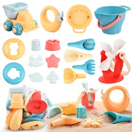 Dewocke 17-Piece Beach Sand Toy Set with Water Wheel, Beach Buggy, Bucket, Sand Moulds, Mesh Bag, Soft Plastic Sandpit Toy Beach for Children Boys Girls from 1 2 3 Years