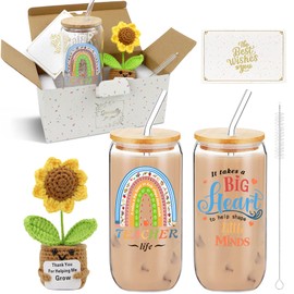 ZIOSINM Teacher Appreciation Gifts for Womem, Teacher Gifts for Women on Birthday, End of Year, Retirement, 16 Oz Can Glass and Crochet Sunflower