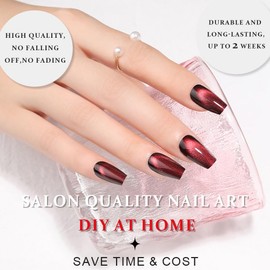 IATMOMOD Medium Square Cat Eye Coffin Press on Nails, Dark Red Metallic Glitter Glossy Reusable Gel Press on Acrylic Fake Nail with Designs, Petite Medium Square Glue on Nail for Women Gift