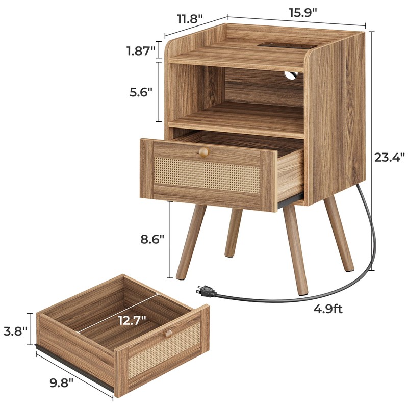 SUPERJARE Nightstand with Charging Station & Rattan-Like Decor Drawer, Rattan