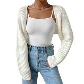 SECRETEYARD Women's Long Sleeve Open Front Knitted Crop Cardigan Drop Shoulder Knit Bolero Shrug Sweater Off-White