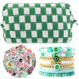 58 Pcs Checkered Makeup Bag Set Preppy Aesthetic Portable Cosmetic Bag Travel Makeup Pouch 7 Pcs Heishi Surfer Bracelets with 50 Pcs Pink Preppy Stickers for Women Girls Teens Gift (Green)