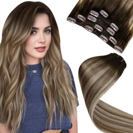 LaaVoo Remy Balayage Extensions, Clip-In Real Hair Extensions, Brown, Blonde, Dark Brown, Ombre, Medium Brown, Balayage Blonde, #3/8/24, 5 Pieces, 80 g, 40 cm