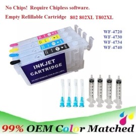 Vivid Colors 802 802XL  Alternative No Chip Refillable Ink Cartridge WF-4720 WF-4730 WF-4740 - 4 Full Pack Cartridge & Syringe