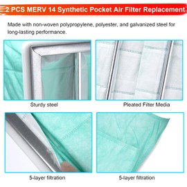 2 PCS MERV 14 Synthetic Pocket Air Filter Replacement for JET AFS-1000B,JDS Air-Tech 750-ER, JET AFS-1000C, JDS Air-Tech HP, JDS Air-Tech 350, Powermatic PM1200, 24"x12"x12"（708733）
