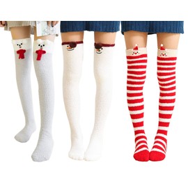 Wander G Womens Over Knee High Fuzzy Socks Cute Cartoon Thigh High Stockings Warm Stripe Leg Warmers