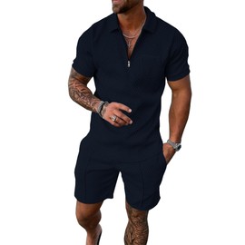 UOUA Mens Track Suits 2 Piece Sets Short Sleeve Sweatsuit Outfits 1/4 Zip Golf Polo Shirts Summer Shorts Loungewear, Navy Blue, XX-Large
