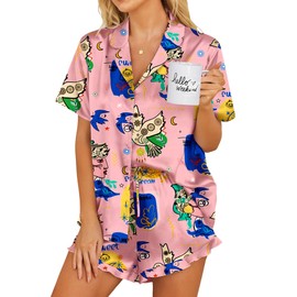 Ekouaer Silk Pajamas Womens Short Sleeve Sleepwear 2 Piece Satin Pjs Shorts Set Button Down Loungewear Queen Picasso Pink X-Large