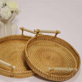 Handmade Rattan Round Rattan Tray - Round Tray with Handles, Suitable for Home Decor, Bread, Fruits, Vegetables, Restaurant Cutlery and Tabletop Display