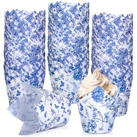 Whaline 200Pcs Blue Floral Cupcake Liners Chinoiserie Muffin Baking Liners Tulip Cupcake Wrappers Baking Cup for Bridal Baby Shower Wedding Birthday Tea Party Decor