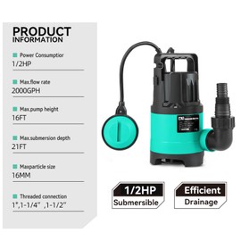 Sump Pump 2000GPH, Prostormer 1/2 HP Submersible Water Pump with Automatic Float Switch, Portable Utility Pump for Pool, Garden, Pond, Basement, Flood Drainage