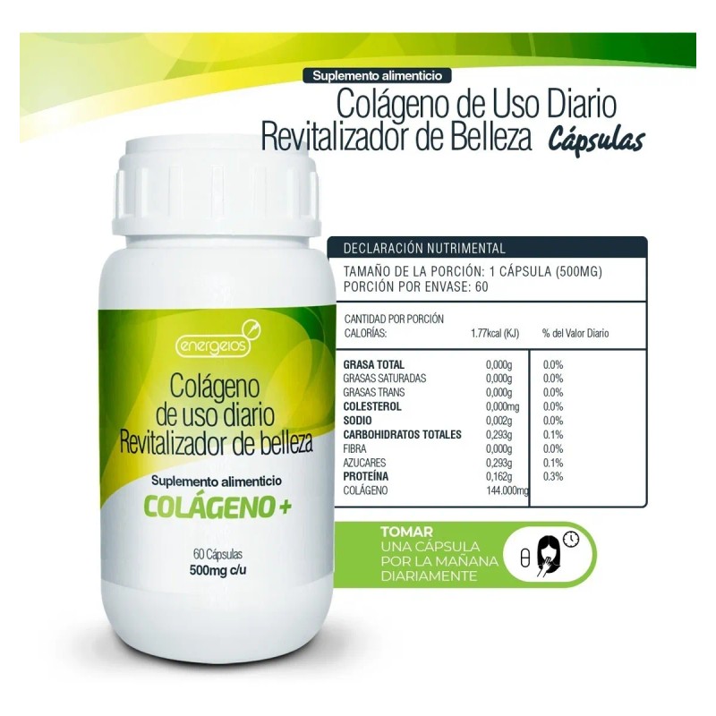 Cápsulas Cólageno Hidrolizado Suplemento 60 Caps Uso Diario Sin Sabor