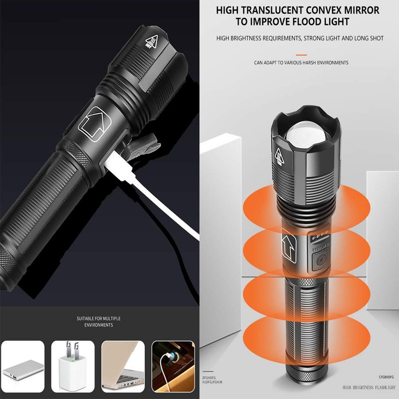 PROFORUS Tactical Flashlight - USB Rechargeable, 6000 Lumen XHP70.2 LED,