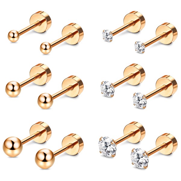 Kakonia 6Pairs Flat Back Stud Earrings for Women Men Silver
