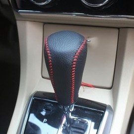 Genuine Leather Gear Shift Knob Cover Protector Hand Sewing for Toyota Camry 2012-2014 2015, RAV4 2013-2016 2017 2018, Yaris 2015-2017, Corolla 2014-2018 Accessories (6. Lychee with Red Sewing)