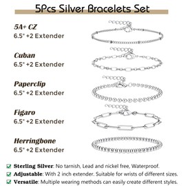 CASSIECA 5 Pcs Sterling Silver Bracelets for Women Ladies Silver Bracelets Set Layered Dainty Link Chain Bracelet Adjustable Stackable Bracelets for Women Girls
