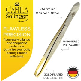 Camila Solingen CS30 3.5 Inches Gold Tipped, Surgical Grade, German Carbon Steel Tweezers (Claw) - Flawless Eyebrow and Facial Hair Shaping and Removal for Men/Women