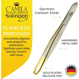 Camila Solingen CS30 3.5 Inches Gold Tipped, Surgical Grade, German Carbon Steel Tweezers (Claw) - Flawless Eyebrow and Facial Hair Shaping and Removal for Men/Women